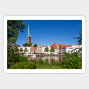 Historical houses with Petrikirche at the Obertrave , Lübeck, Schleswig-Holstein, Germany, Europe Sticker